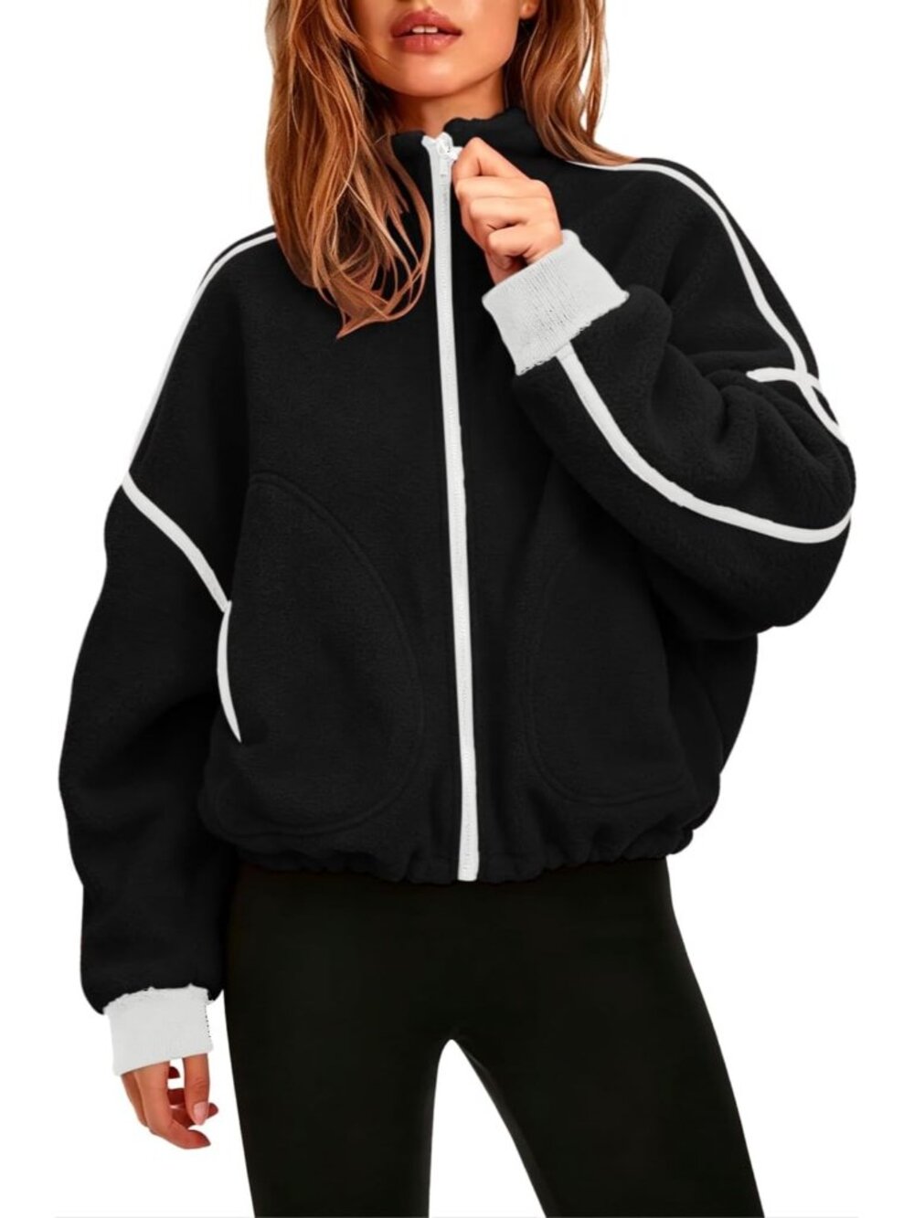 Women’s Black Cropped Full ZIP Warm Cozy Stand Collar Sherpa Fleece Jacket